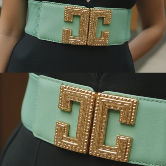 New Women Mint Blue Green Color Elastic Fashion Belt Gold Metal C Buckle S M - Picture 5 of 17